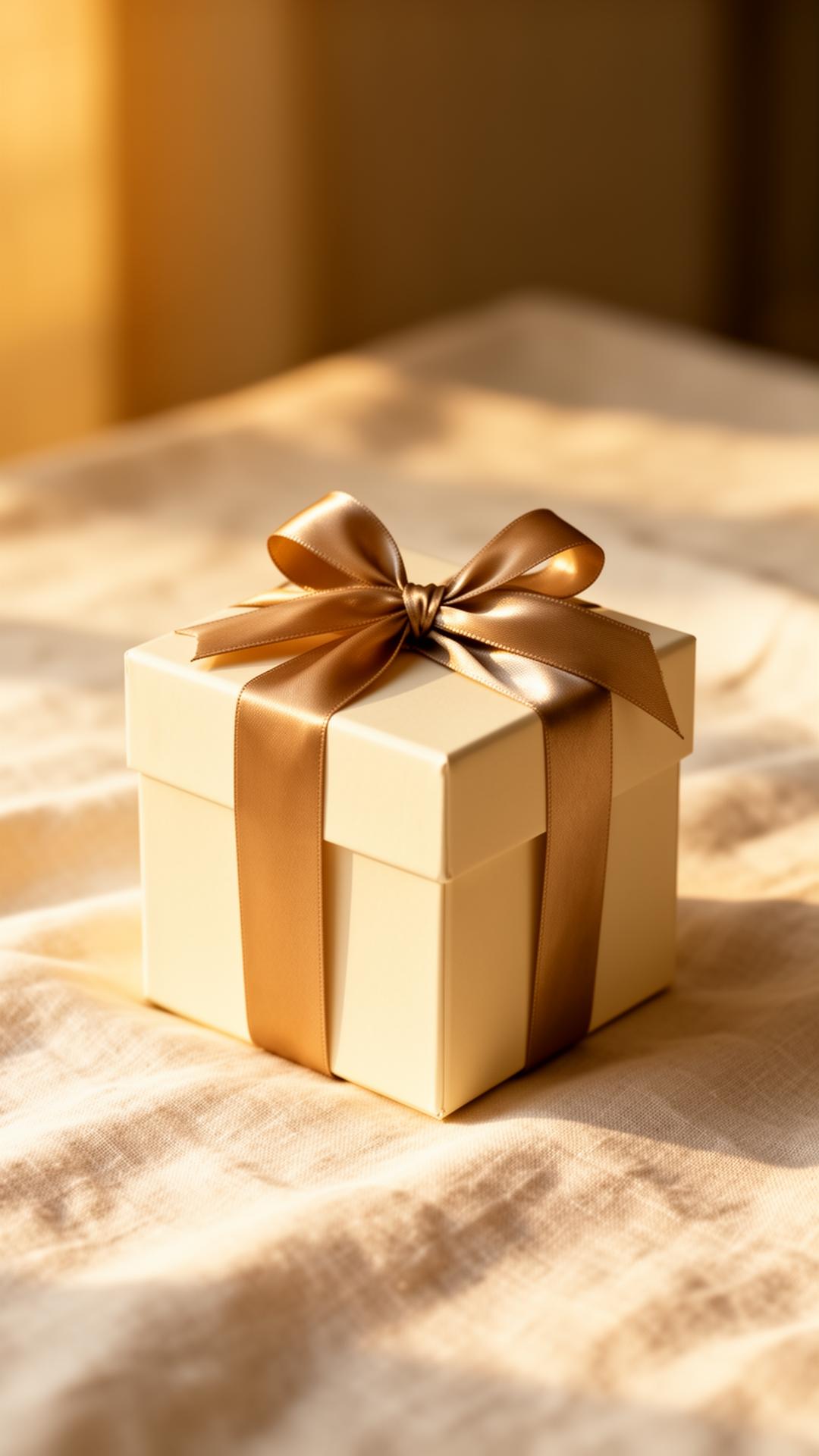An ivory gift box wrapped with a champagne gold silk ribbon